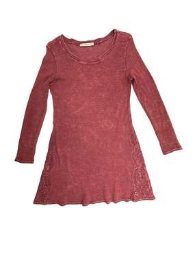 Able Boho Burgundy Waffle Knit Thermal Long Sleeve Dress with Crochet Lace Trim